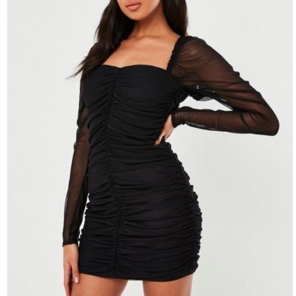 Missguided Dresses & Skirts - MISSGUIDED | Black Ruched Mesh Long Sleeve Mini Dress Sz 12
